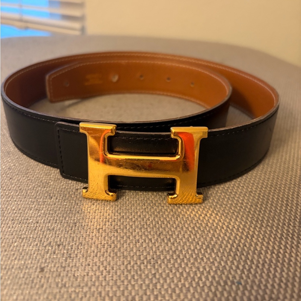 Hermes Black and Brown Leather Belt with Gold Buckle